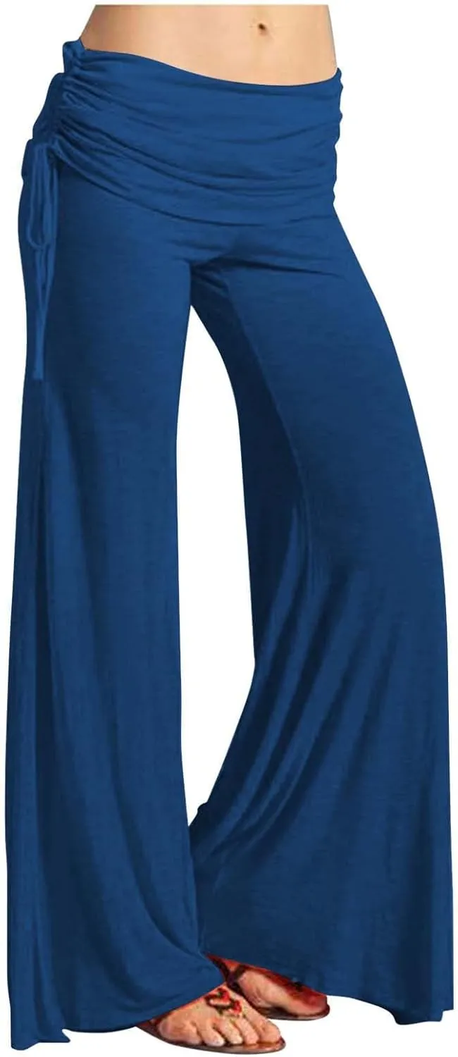 Womens Soft Comfy Yoga Pants Pleated Fold Waist Lacing Flowy Wide Leg Trousers Casual Loose Gym Fitness Workout Dance Pants