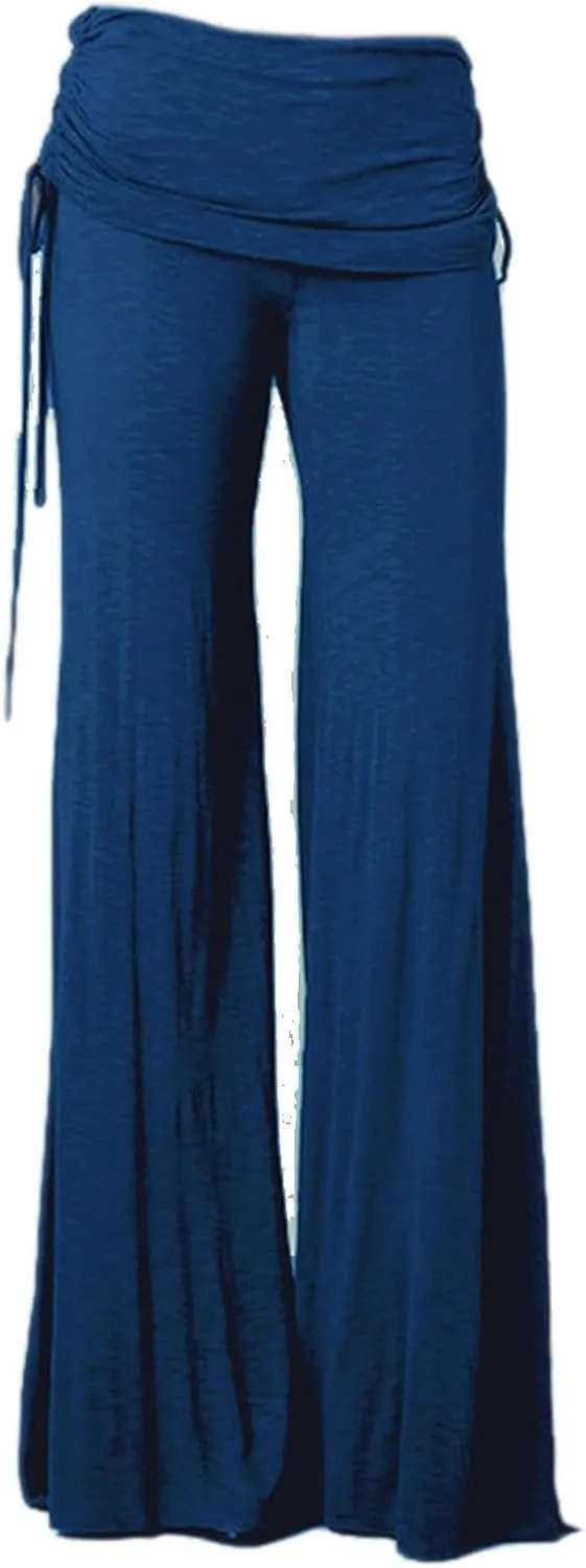Womens Soft Comfy Yoga Pants Pleated Fold Waist Lacing Flowy Wide Leg Trousers Casual Loose Gym Fitness Workout Dance Pants