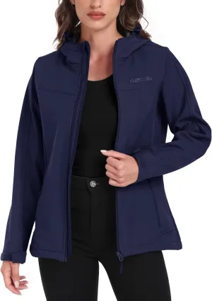 Women's Softshell Jacket Lightweight Fleece Lined Waterproof Coats Rain Jacket with Hood for Outdoor Hiking