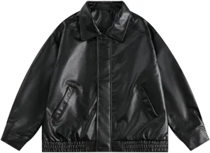 Women's Solid Color Lapel Tops Pocket Short Leather Coat Long Sleeve Hoodless Leather Jacket Fall Trendy Casual Tops