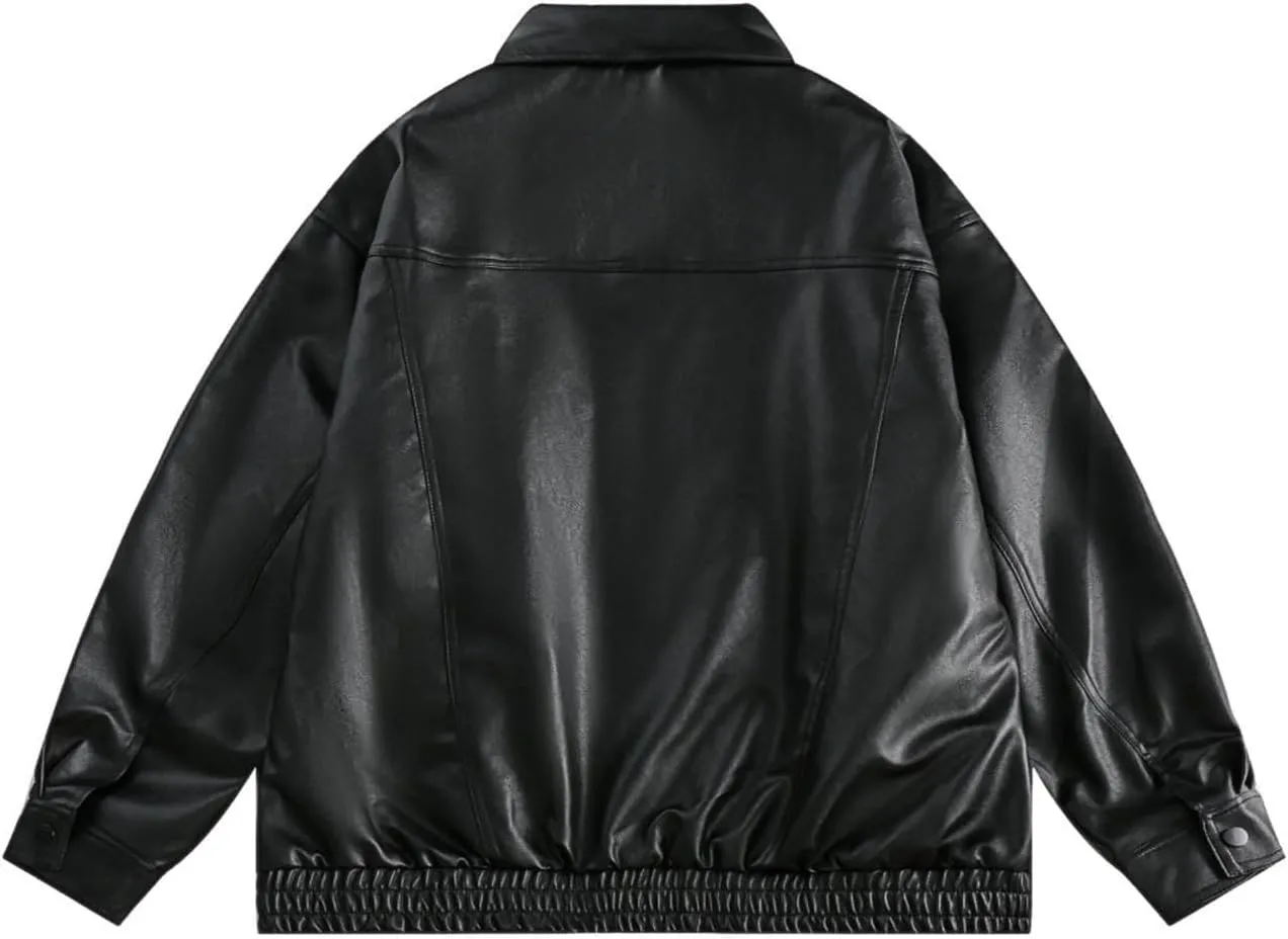 Women's Solid Color Lapel Tops Pocket Short Leather Coat Long Sleeve Hoodless Leather Jacket Fall Trendy Casual Tops