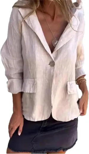 Women's Solid Color Loose Thin Blazer Coat Lapel Button Street Cotton Linen Long Sleeve Outerwear