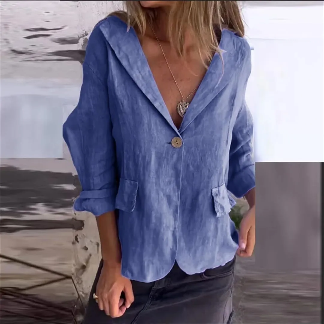 Women's Solid Color Loose Thin Blazer Coat Lapel Button Street Cotton Linen Long Sleeve Outerwear