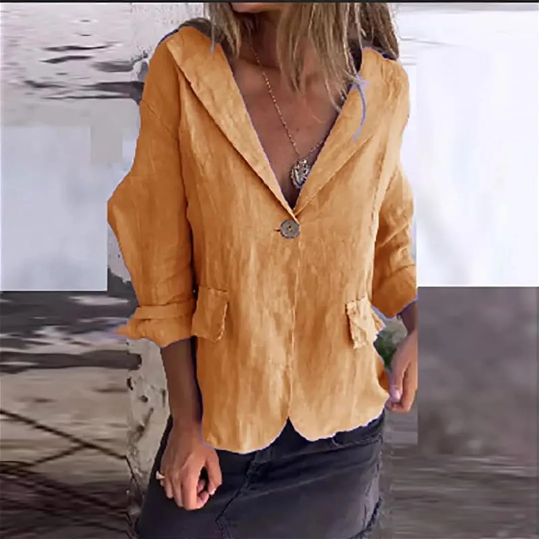 Women's Solid Color Loose Thin Blazer Coat Lapel Button Street Cotton Linen Long Sleeve Outerwear