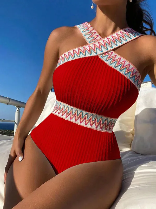 Women's Solid Colour Simple Swimsuit With Front Cross Design