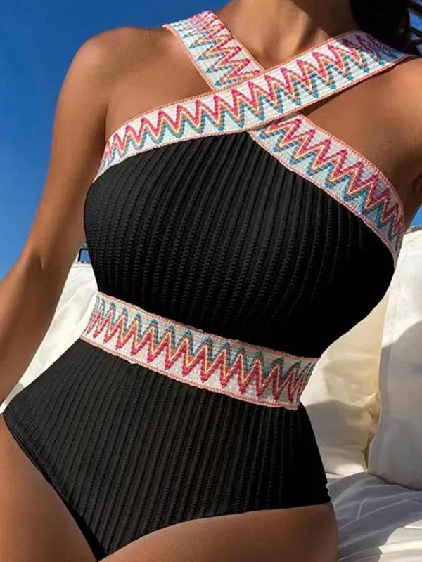 Women's Solid Colour Simple Swimsuit With Front Cross Design