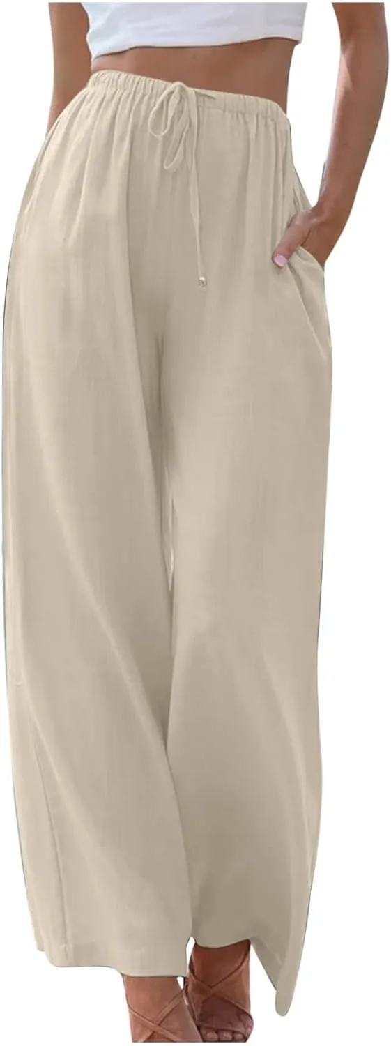 Women's Summer Drawstring High Waist Wide Leg Pants Loose Breathable Soft Comfy Trouser Cotton Linen Palazzo Pants