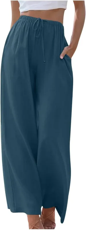 Women's Summer Drawstring High Waist Wide Leg Pants Loose Breathable Soft Comfy Trouser Cotton Linen Palazzo Pants