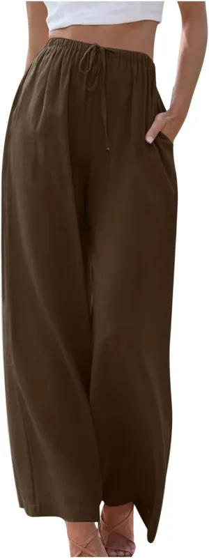Women's Summer Drawstring High Waist Wide Leg Pants Loose Breathable Soft Comfy Trouser Cotton Linen Palazzo Pants