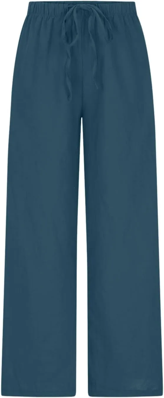 Women's Summer Drawstring High Waist Wide Leg Pants Loose Breathable Soft Comfy Trouser Cotton Linen Palazzo Pants