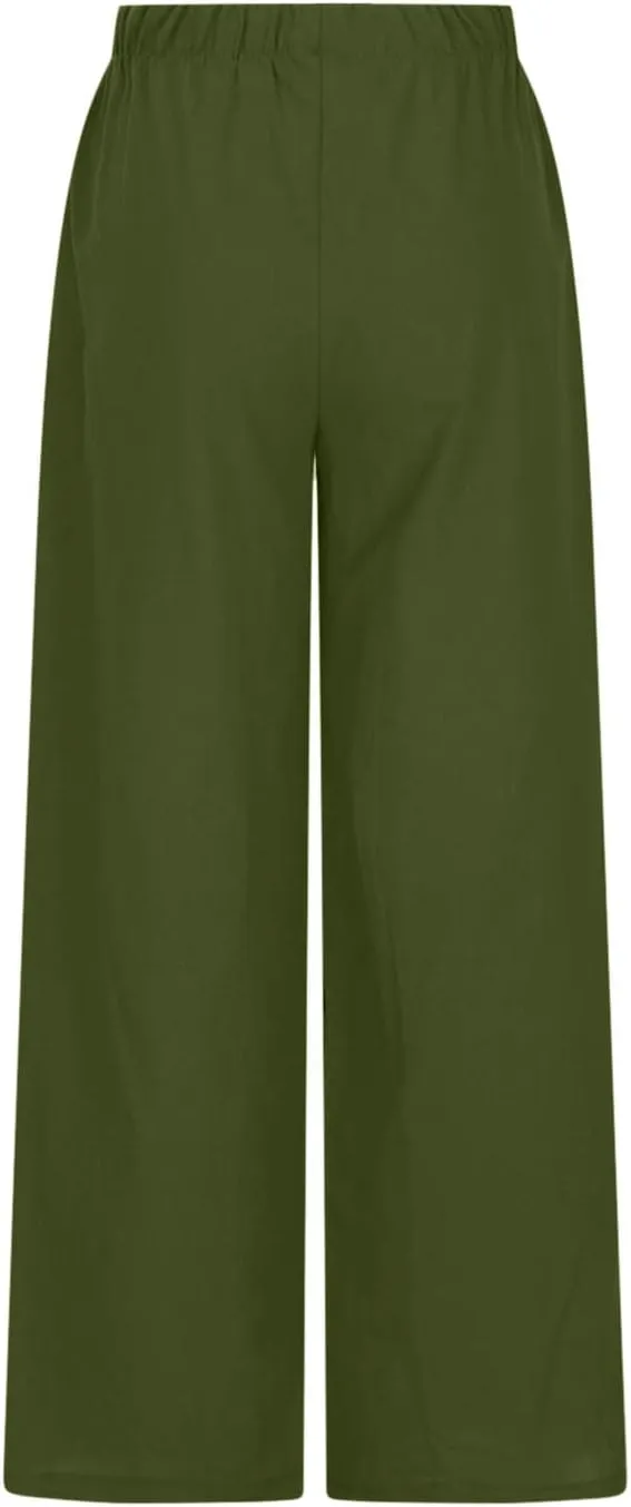 Women's Summer Drawstring High Waist Wide Leg Pants Loose Breathable Soft Comfy Trouser Cotton Linen Palazzo Pants
