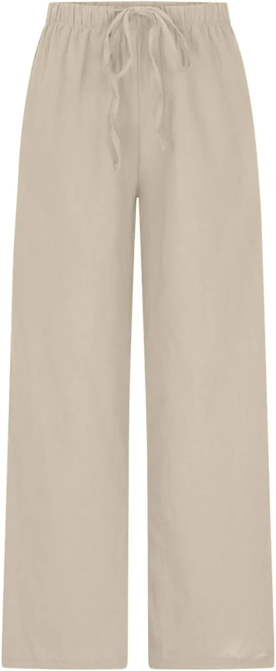 Women's Summer Drawstring High Waist Wide Leg Pants Loose Breathable Soft Comfy Trouser Cotton Linen Palazzo Pants