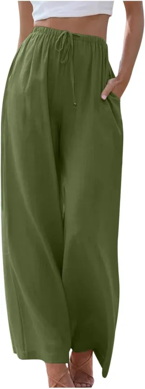 Women's Summer Drawstring High Waist Wide Leg Pants Loose Breathable Soft Comfy Trouser Cotton Linen Palazzo Pants