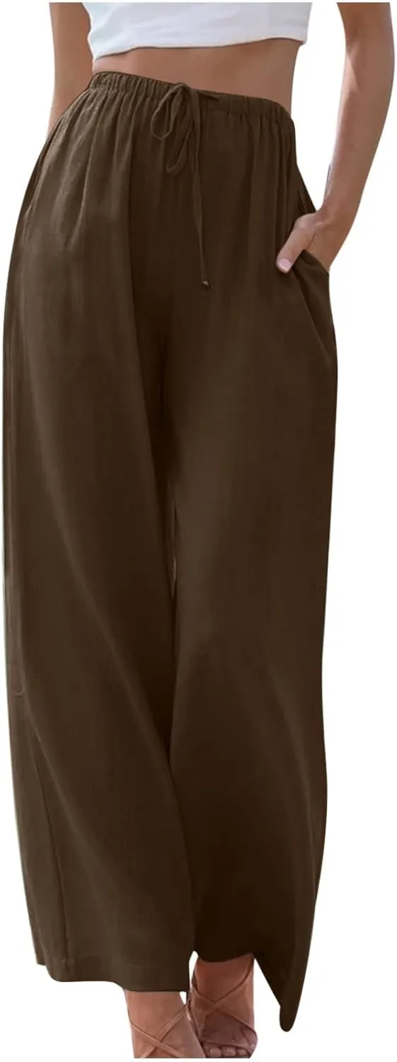 Women's Summer Drawstring High Waist Wide Leg Pants Loose Breathable Soft Comfy Trouser Cotton Linen Palazzo Pants
