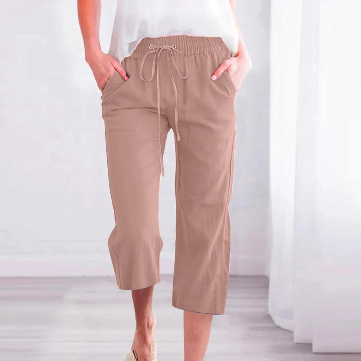 Women's Summer Linen Pants Elastic High Waisted Drawstring Solid Color Capris with Pockets Straight Leg Soft Trousers