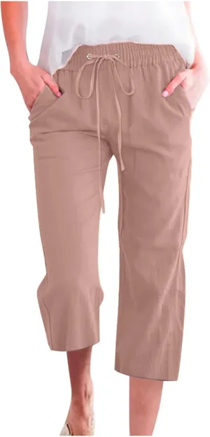 Women's Summer Linen Pants Elastic High Waisted Drawstring Solid Color Capris with Pockets Straight Leg Soft Trousers