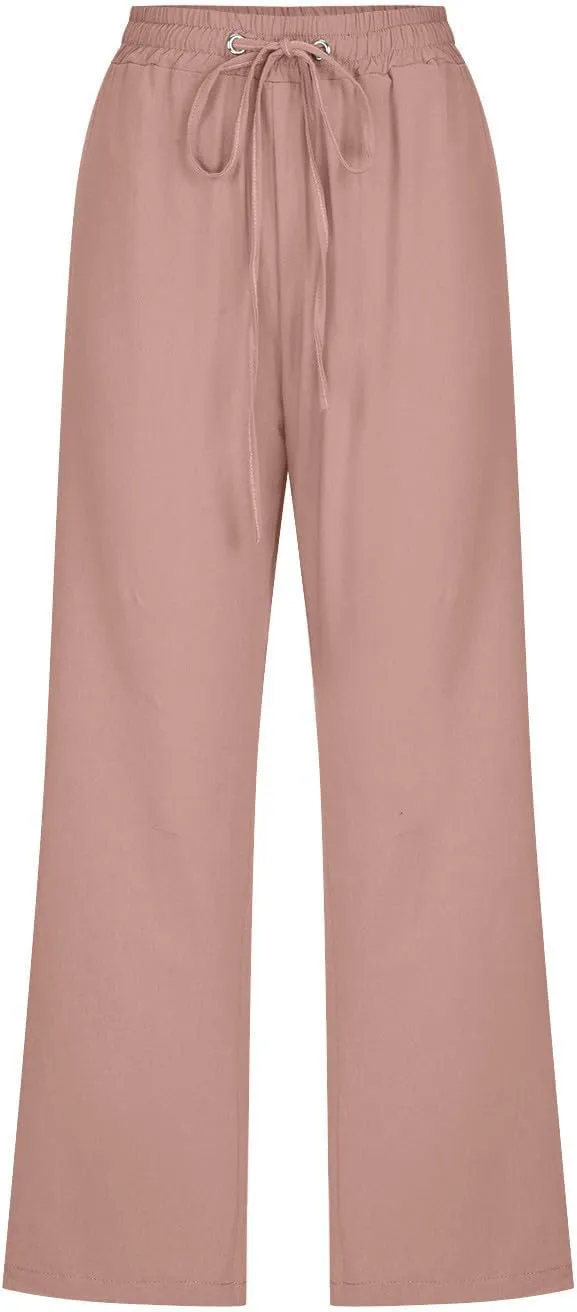 Women's Summer Linen Pants Elastic High Waisted Drawstring Solid Color Capris with Pockets Straight Leg Soft Trousers