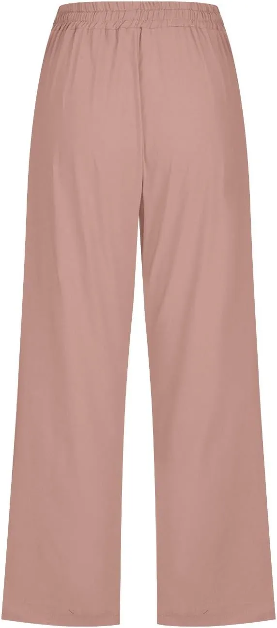 Women's Summer Linen Pants Elastic High Waisted Drawstring Solid Color Capris with Pockets Straight Leg Soft Trousers
