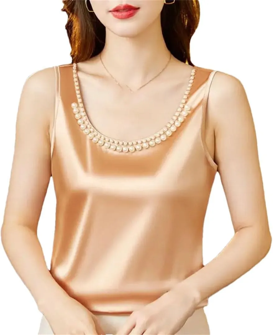 Women's Summer Solid Color Round Neck Beading Sleeveless Tops Fashion Loose All-Match Pullover Tanks Camisole