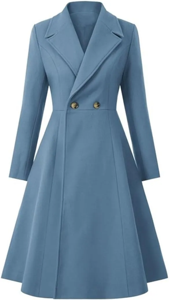 Women's Swing Double Breasted Coat Wool Blends Trench Jacket Long Sleeve Lapel Collar Winter Long Overcoat