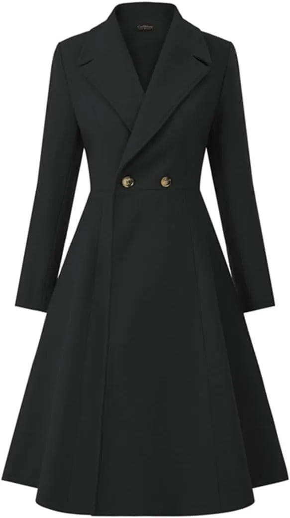 Women's Swing Double Breasted Coat Wool Blends Trench Jacket Long Sleeve Lapel Collar Winter Long Overcoat
