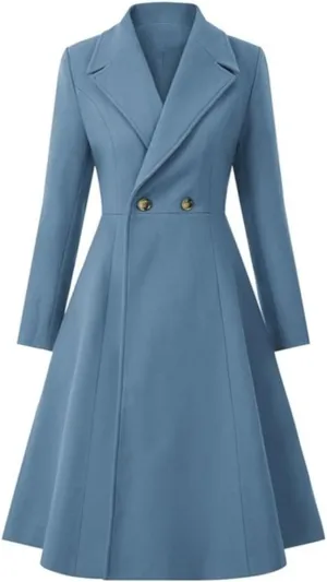 Women's Swing Double Breasted Coat Wool Blends Trench Jacket Long Sleeve Lapel Collar Winter Long Overcoat