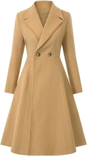 Women's Swing Double Breasted Coat Wool Blends Trench Jacket Long Sleeve Lapel Collar Winter Long Overcoat