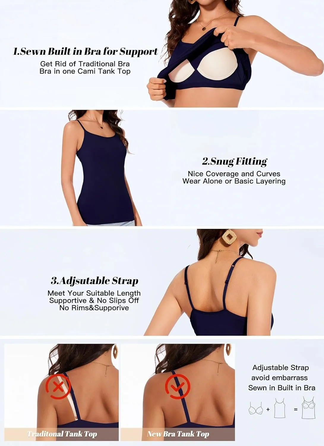 Womens Tank Tops Adjustable Strap Camisole with Built in Padded Bra Vest Sleeveless Layer Top 1/2/3 Packs