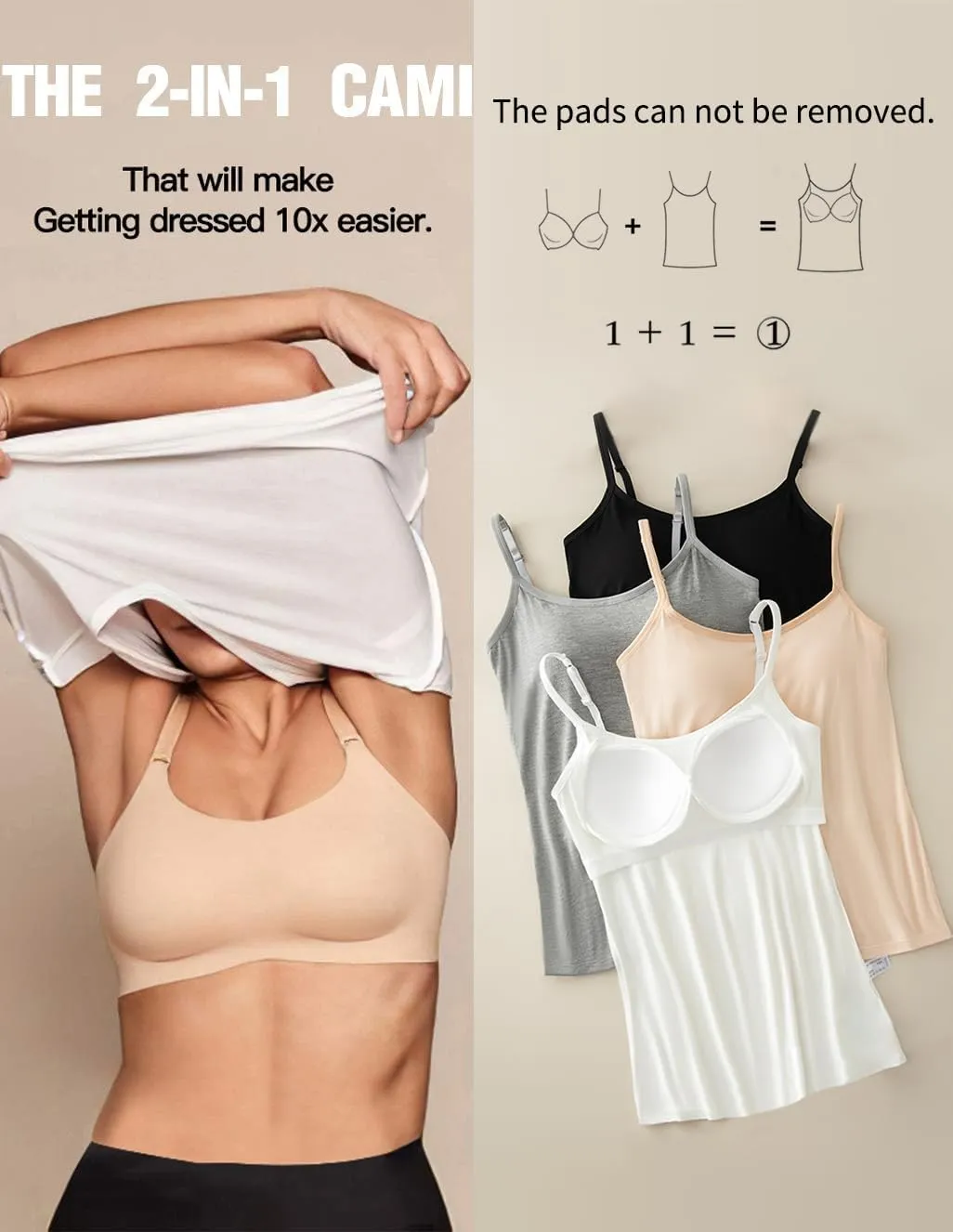 Womens Tank Tops Adjustable Strap Camisole with Built in Padded Bra Vest Sleeveless Layer Top 1/2/3 Packs