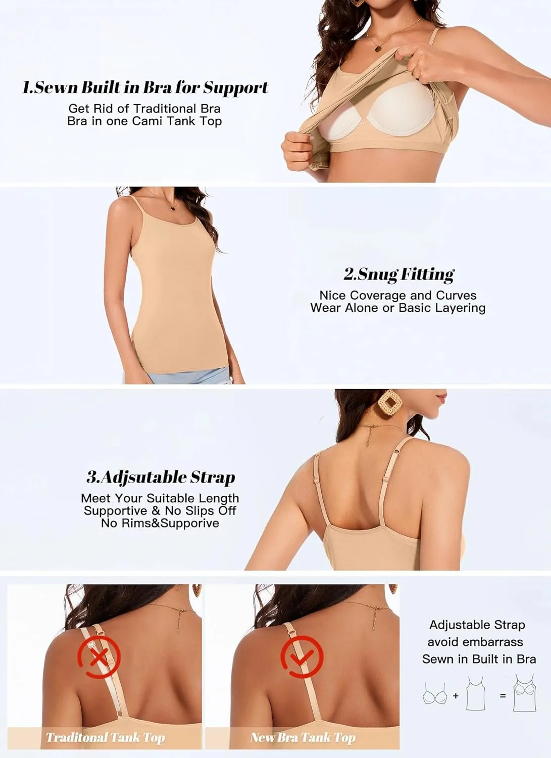 Womens Tank Tops Adjustable Strap Camisole with Built in Padded Bra Vest Sleeveless Layer Top 1/2/3 Packs