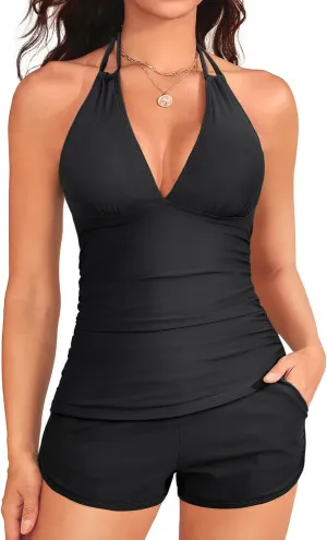 Women's Tankini Swimsuit with Shorts - Halter Two Piece Swimsuit 2025 Tummy Control Bathing Suit with Pockets