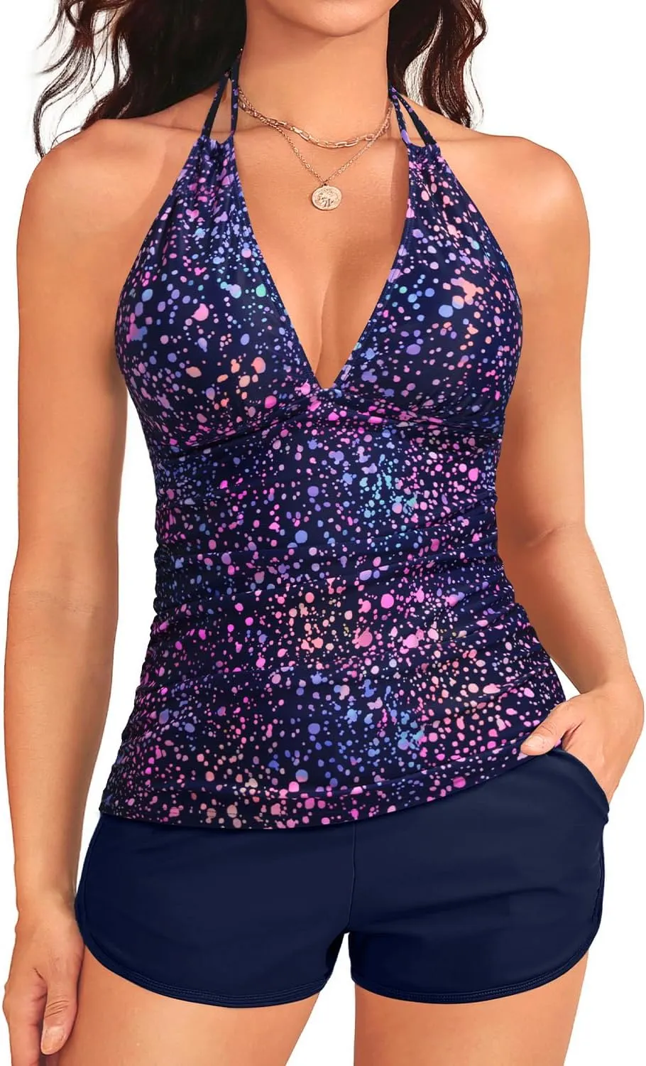 Women's Tankini Swimsuit with Shorts - Halter Two Piece Swimsuit 2025 Tummy Control Bathing Suit with Pockets