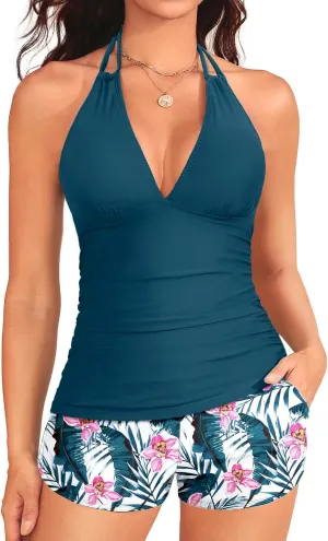 Women's Tankini Swimsuit with Shorts - Halter Two Piece Swimsuit 2025 Tummy Control Bathing Suit with Pockets