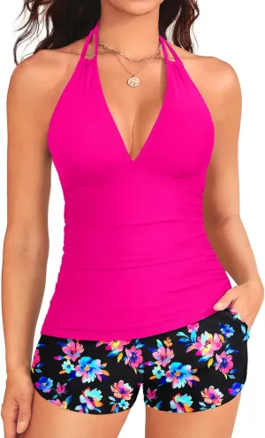 Women's Tankini Swimsuit with Shorts - Halter Two Piece Swimsuit 2025 Tummy Control Bathing Suit with Pockets