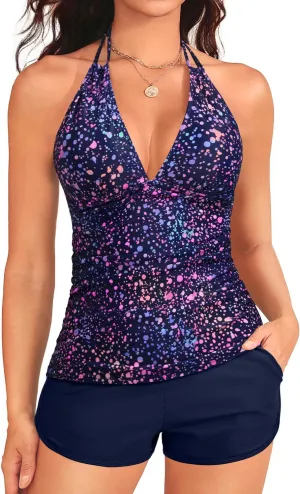Women's Tankini Swimsuit with Shorts - Halter Two Piece Swimsuit 2025 Tummy Control Bathing Suit with Pockets
