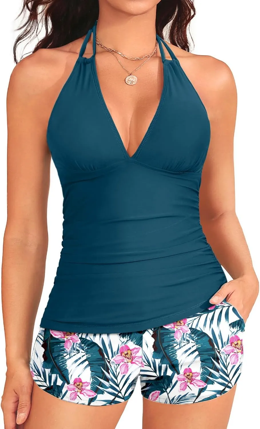 Women's Tankini Swimsuit with Shorts - Halter Two Piece Swimsuit 2025 Tummy Control Bathing Suit with Pockets
