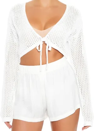 Women's Tie Front Crop Tops Long Sleeve Knit Crochet Cardigan Lightweight Shrug Sweaters Summer Hollow Out Cover Up