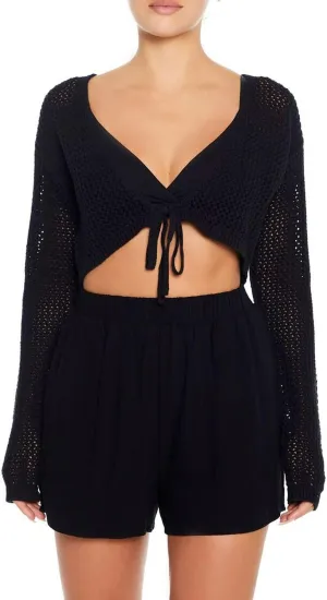 Women's Tie Front Crop Tops Long Sleeve Knit Crochet Cardigan Lightweight Shrug Sweaters Summer Hollow Out Cover Up