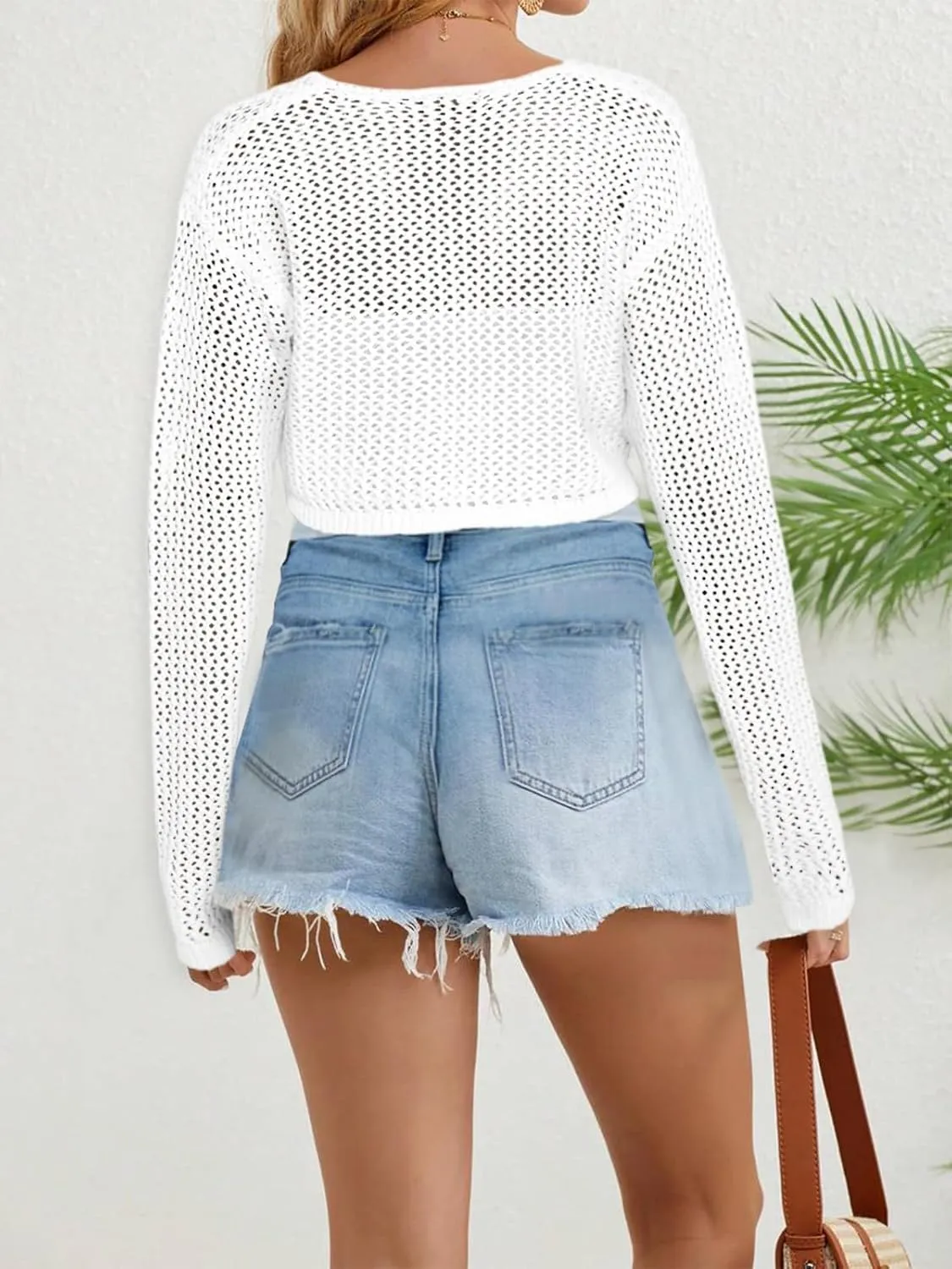 Women's Tie Front Crop Tops Long Sleeve Knit Crochet Cardigan Lightweight Shrug Sweaters Summer Hollow Out Cover Up