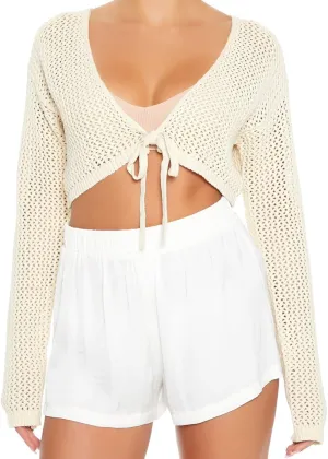 Women's Tie Front Crop Tops Long Sleeve Knit Crochet Cardigan Lightweight Shrug Sweaters Summer Hollow Out Cover Up