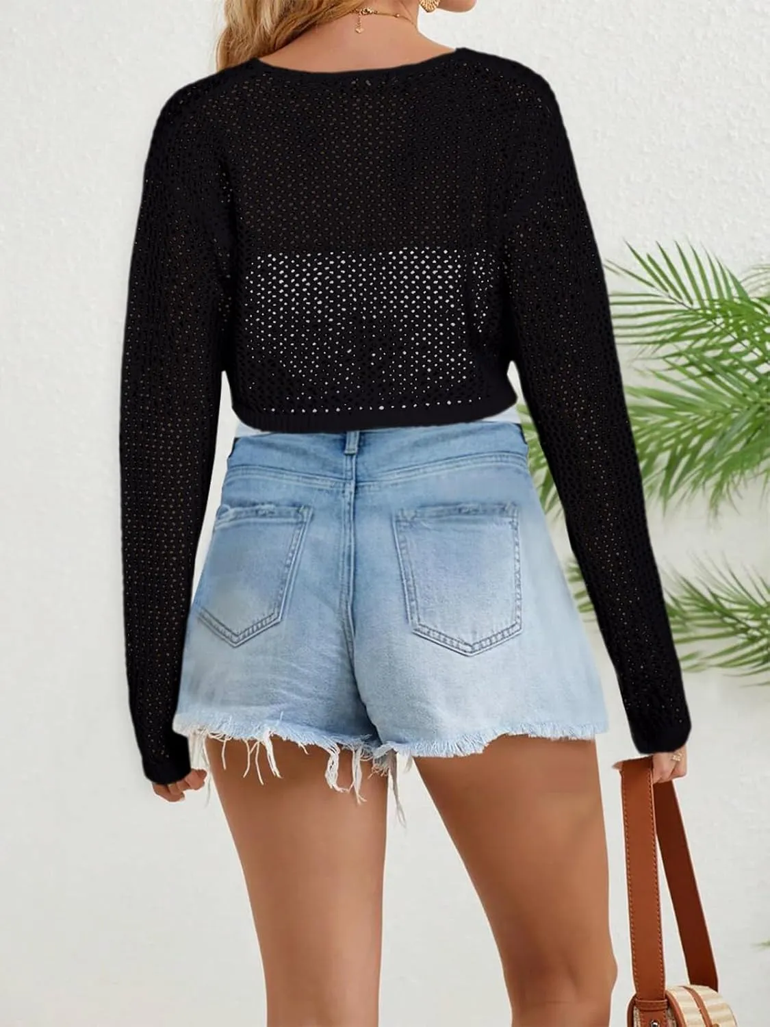 Women's Tie Front Crop Tops Long Sleeve Knit Crochet Cardigan Lightweight Shrug Sweaters Summer Hollow Out Cover Up