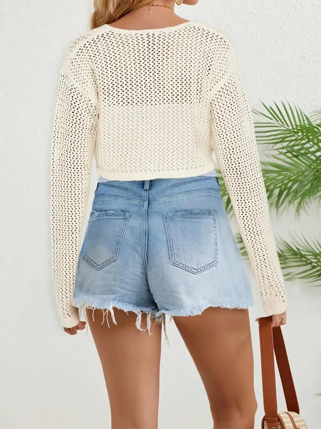 Women's Tie Front Crop Tops Long Sleeve Knit Crochet Cardigan Lightweight Shrug Sweaters Summer Hollow Out Cover Up
