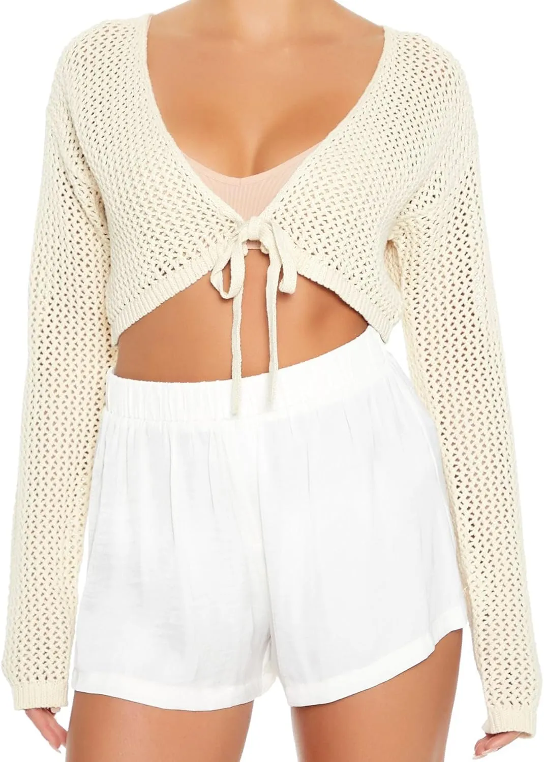 Women's Tie Front Crop Tops Long Sleeve Knit Crochet Cardigan Lightweight Shrug Sweaters Summer Hollow Out Cover Up