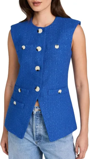 Women's Tweed Vest Sleeveless Button Down Summer Casual Blazer Jackets Collarless Work Office Vest