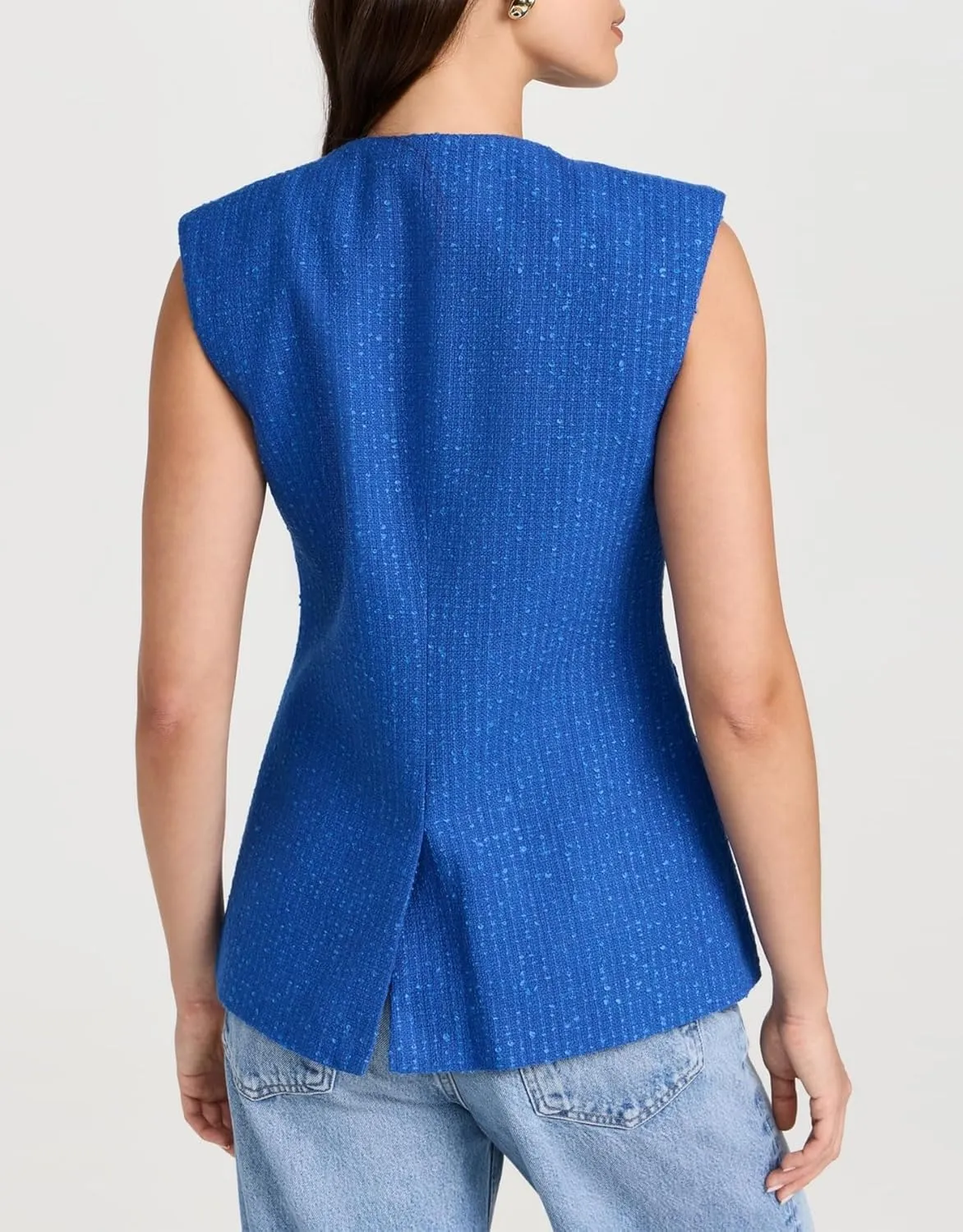 Women's Tweed Vest Sleeveless Button Down Summer Casual Blazer Jackets Collarless Work Office Vest
