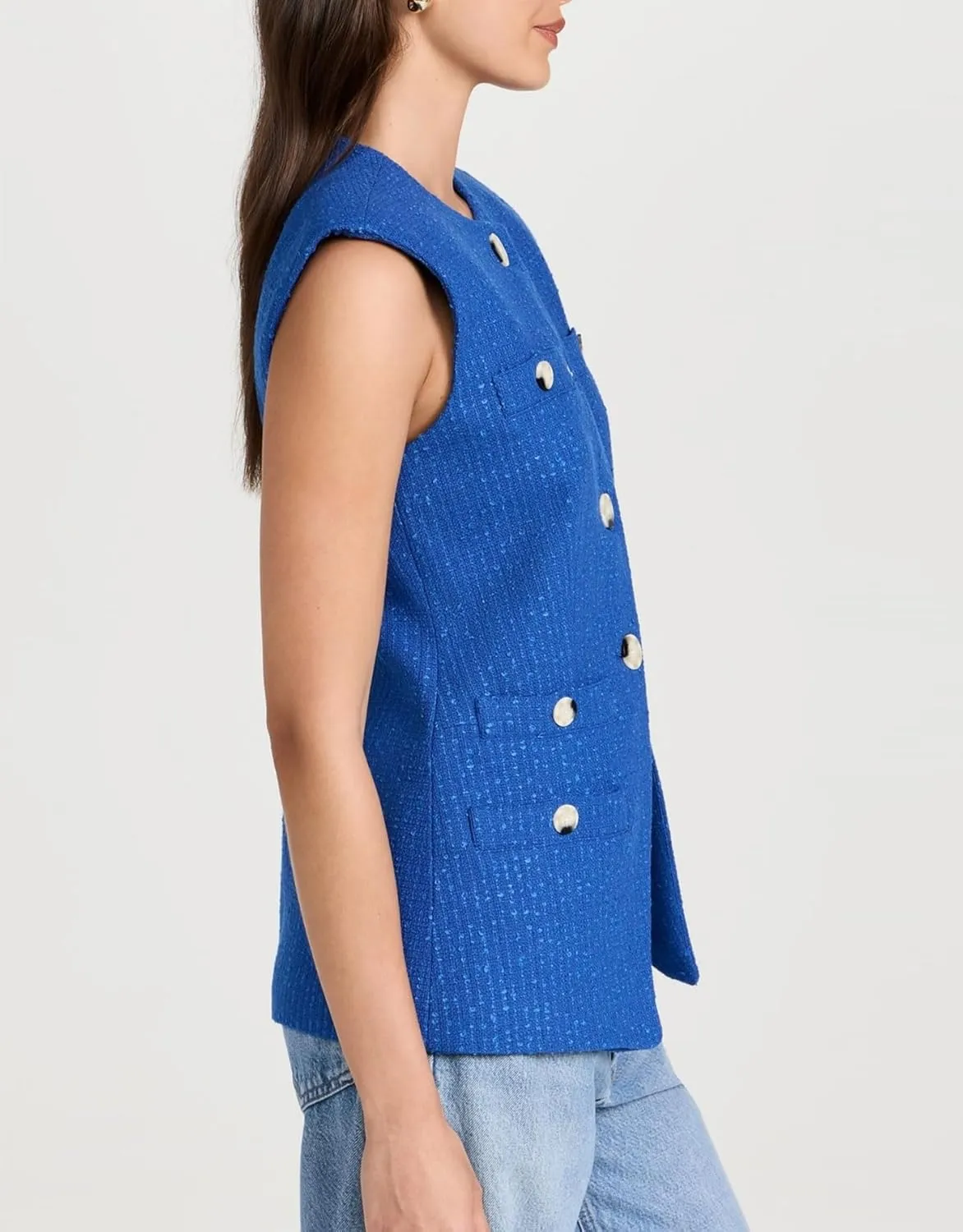 Women's Tweed Vest Sleeveless Button Down Summer Casual Blazer Jackets Collarless Work Office Vest