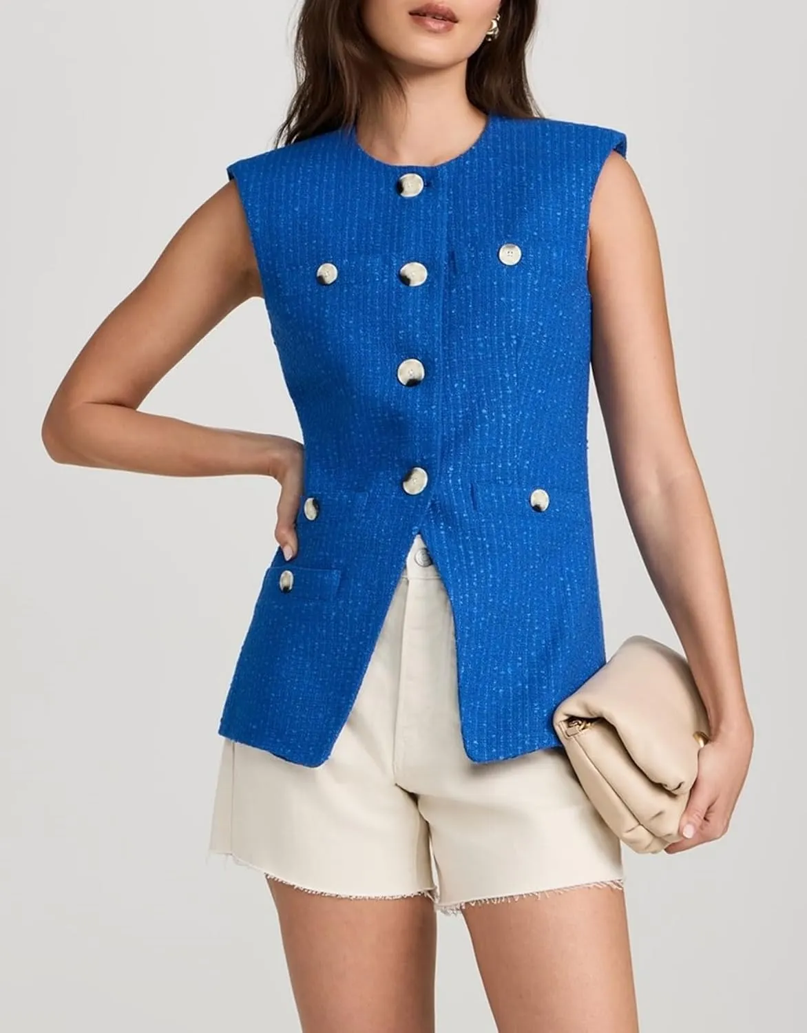 Women's Tweed Vest Sleeveless Button Down Summer Casual Blazer Jackets Collarless Work Office Vest