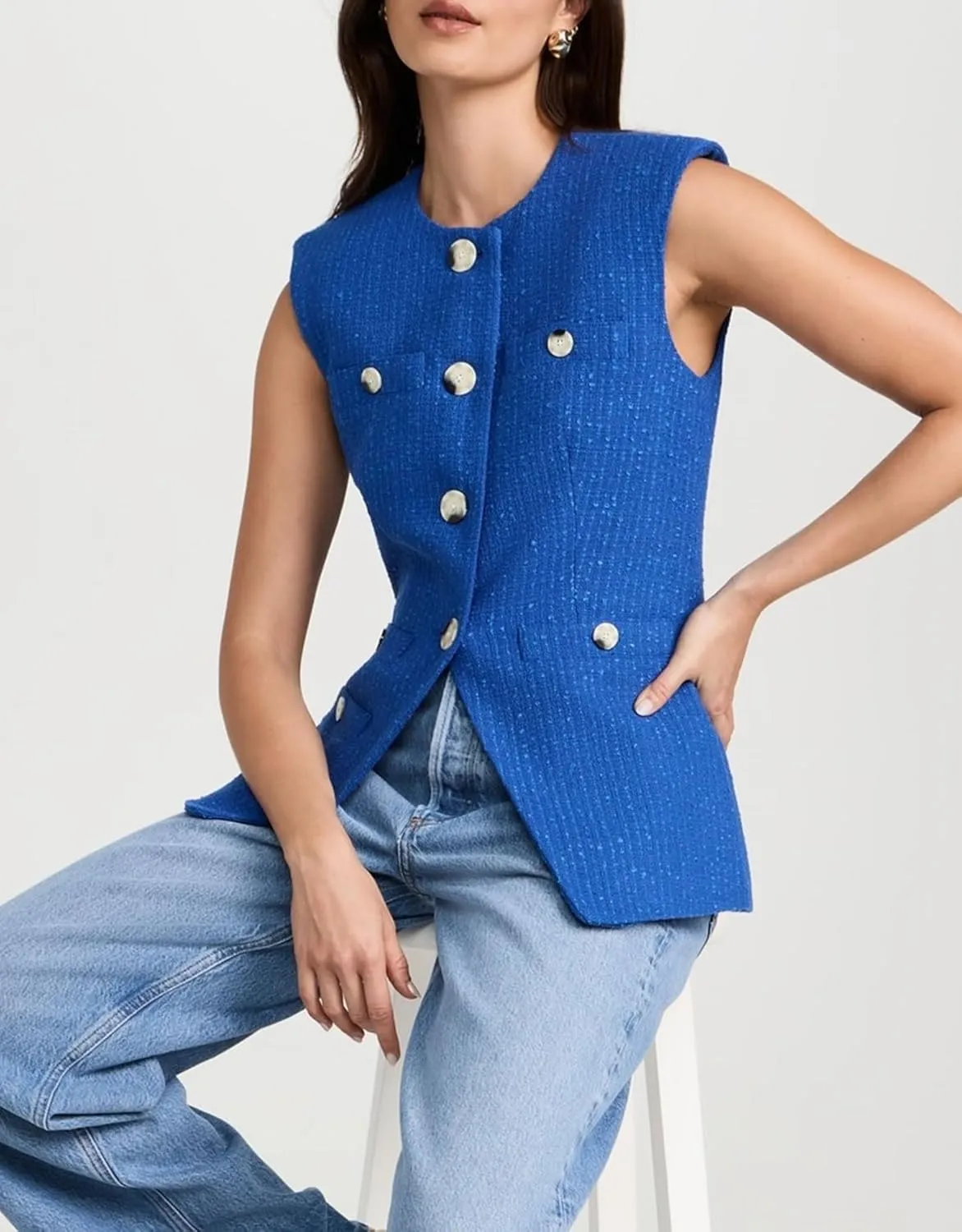 Women's Tweed Vest Sleeveless Button Down Summer Casual Blazer Jackets Collarless Work Office Vest