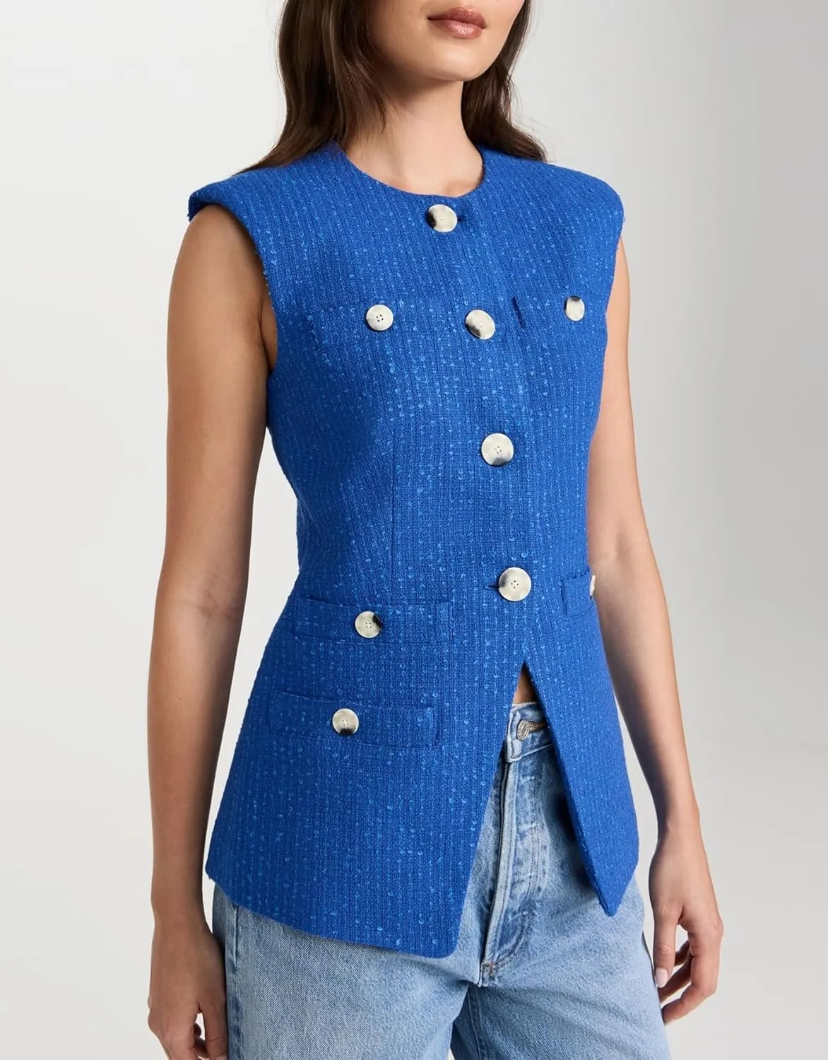 Women's Tweed Vest Sleeveless Button Down Summer Casual Blazer Jackets Collarless Work Office Vest