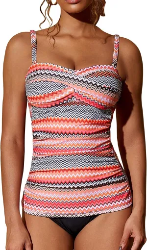 Women's Twist Front Bandeau Tankini Set Two Pieces Ruched Tummy Control Suimsuit with Mid Waist Briefs